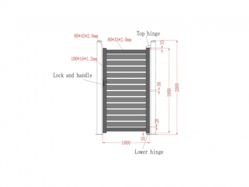 Aluminium schuttingpoort met lamellen - Afmeting: 1000 x 1500 mm
