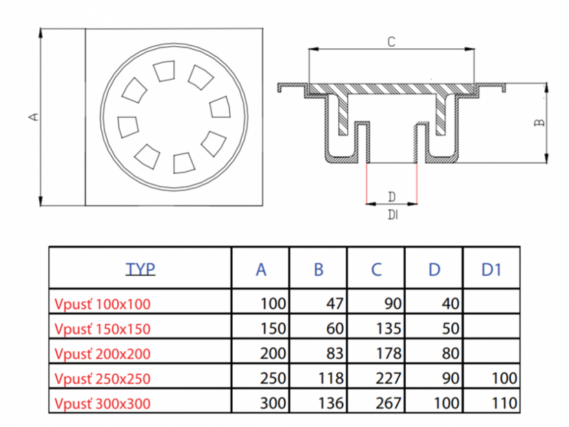 Siphon de sol droit - Taille: 250 x 250 mm