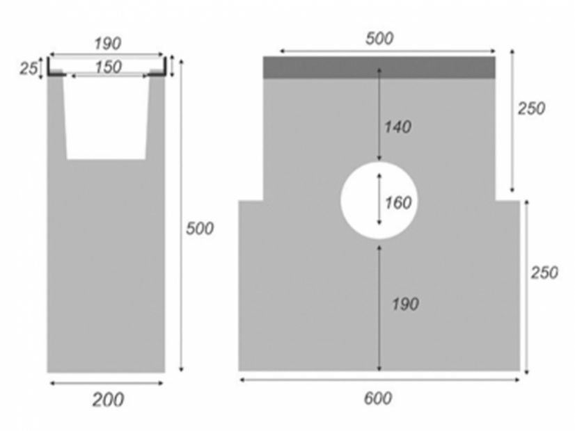 Betónová vpusť B125 k spádovému žľabu - Rozmer: 500 x 200 x 500 mm